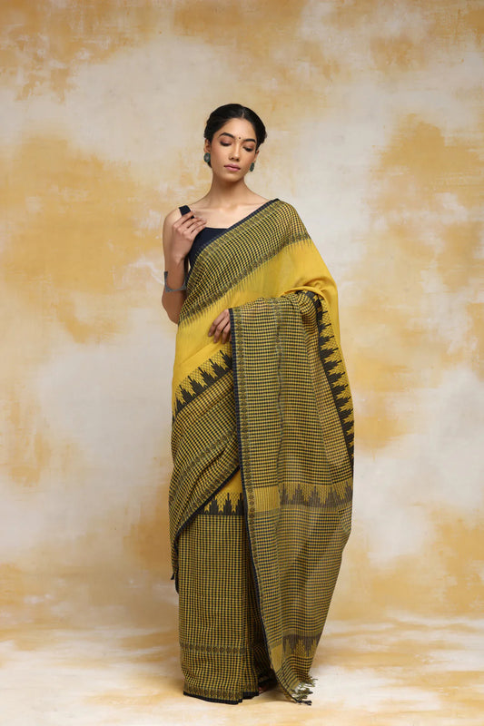 Handloom Mustard Yellow Soft Cotton Saree With Checks