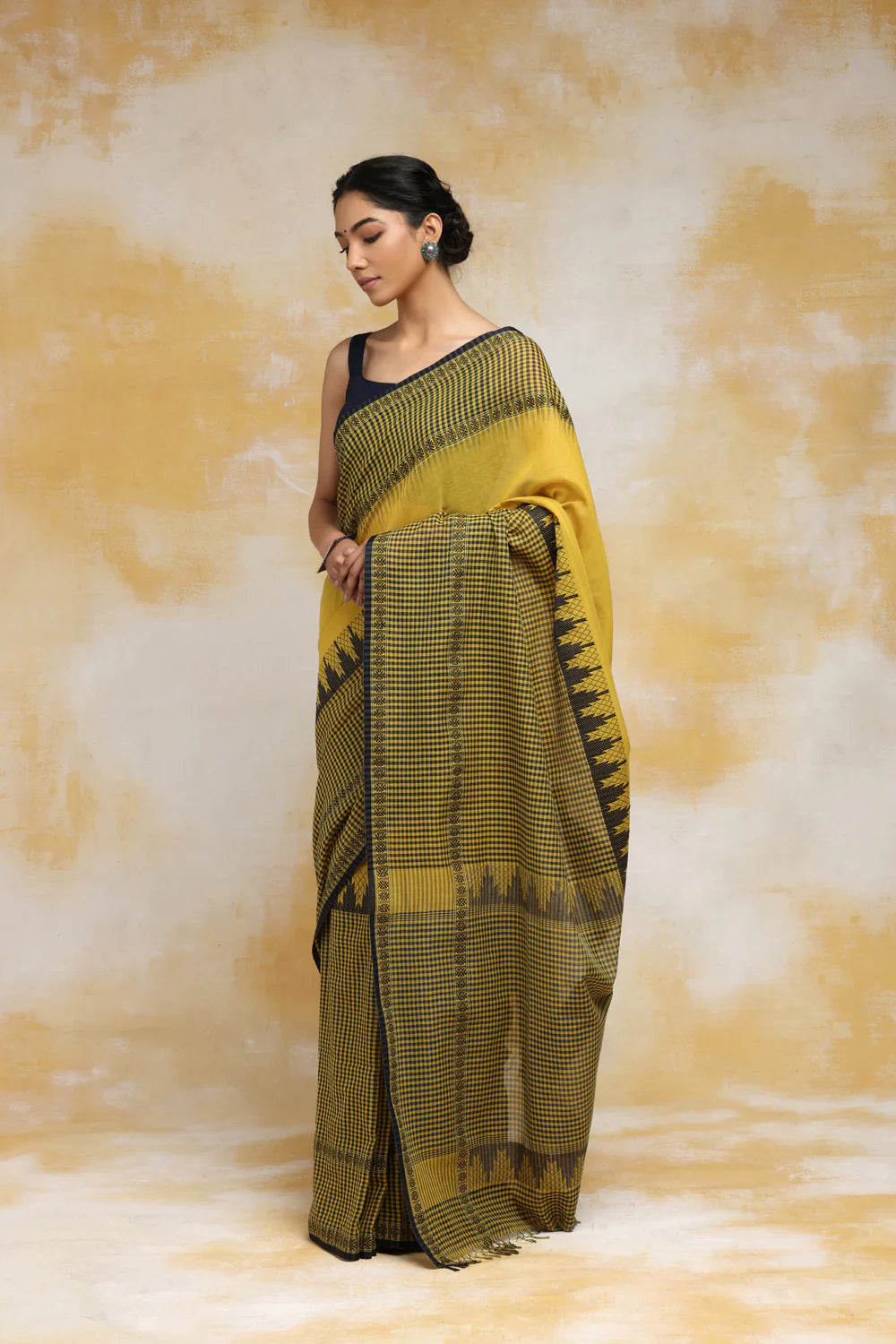 Handloom Mustard Yellow Soft Cotton Saree With Checks