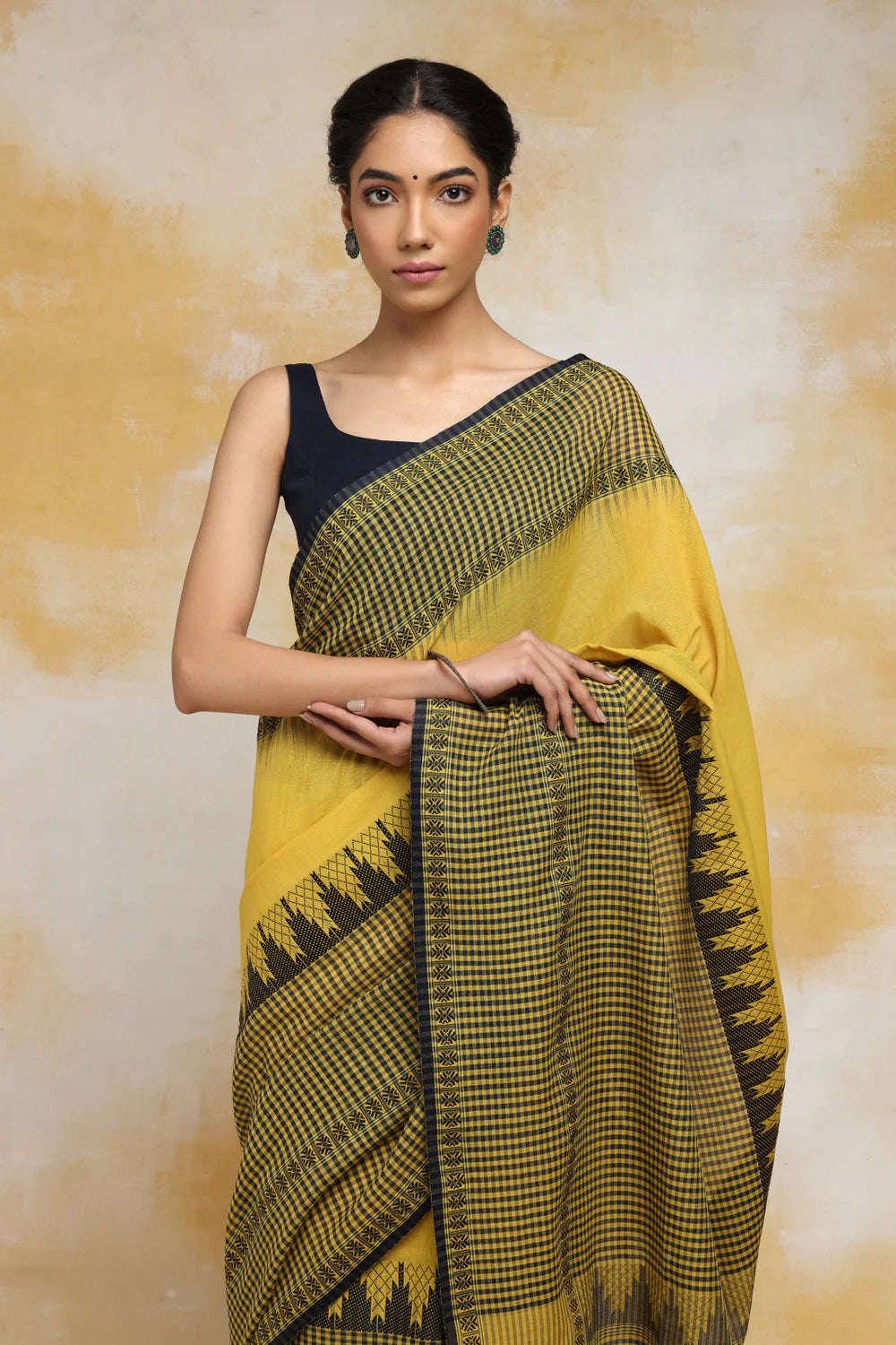 Handloom Mustard Yellow Soft Cotton Saree With Checks