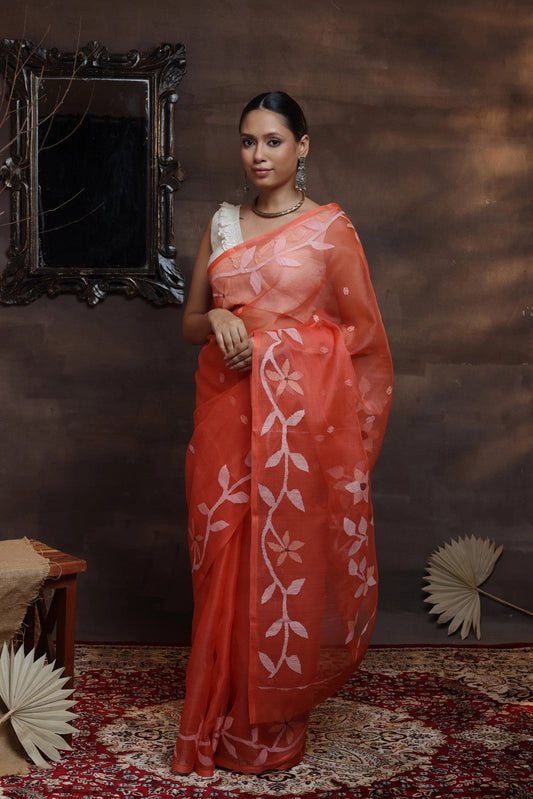 Handloom Jamdani Orange Pure Muslin Silk Saree With Woven Flowers