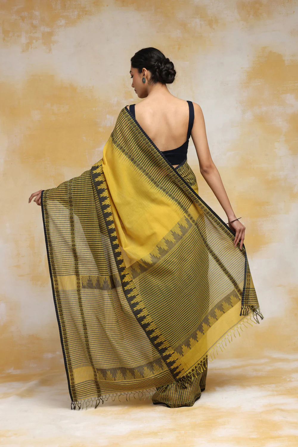 Handloom Mustard Yellow Soft Cotton Saree With Checks