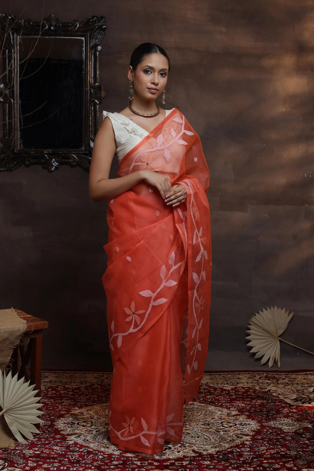 Handloom Jamdani Orange pure Muslin silk saree with woven flowers