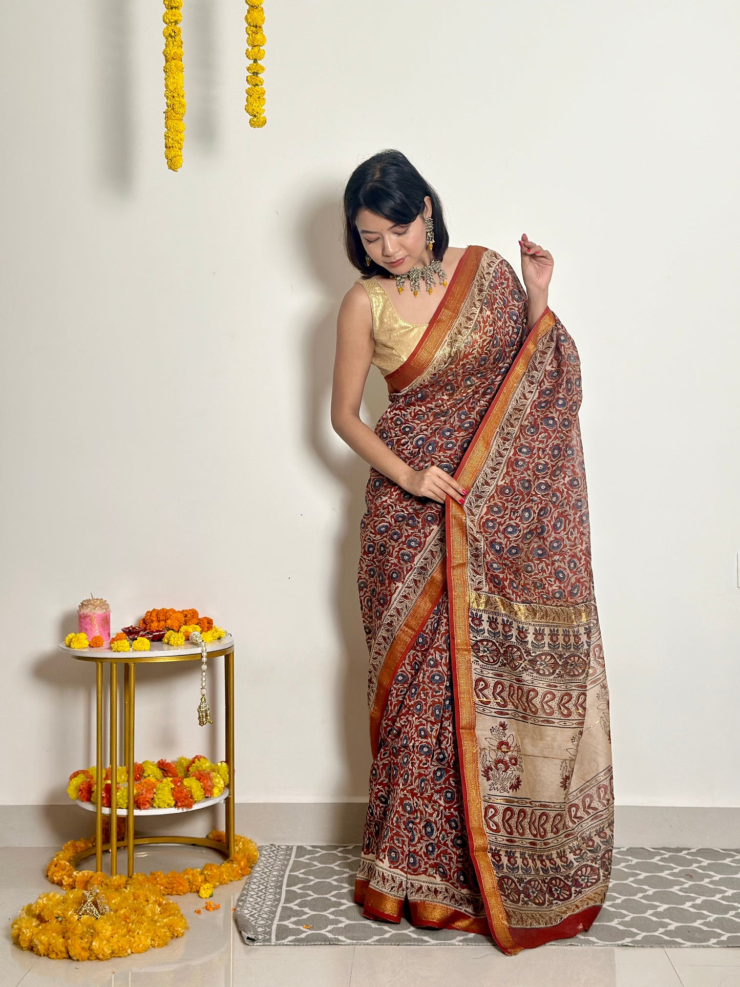 Nutan - Handblock Printed - Maheshwari Silk Saree