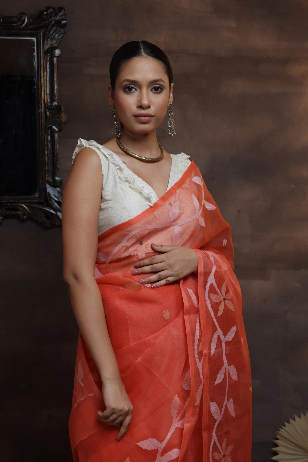 Handloom Jamdani Orange pure Muslin silk saree with woven flowers