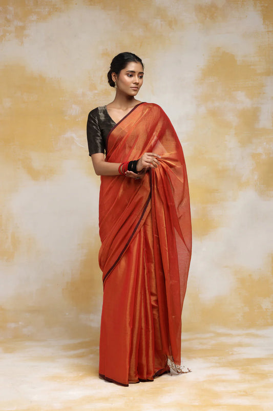 Handloom Orange Cotton Zari Saree