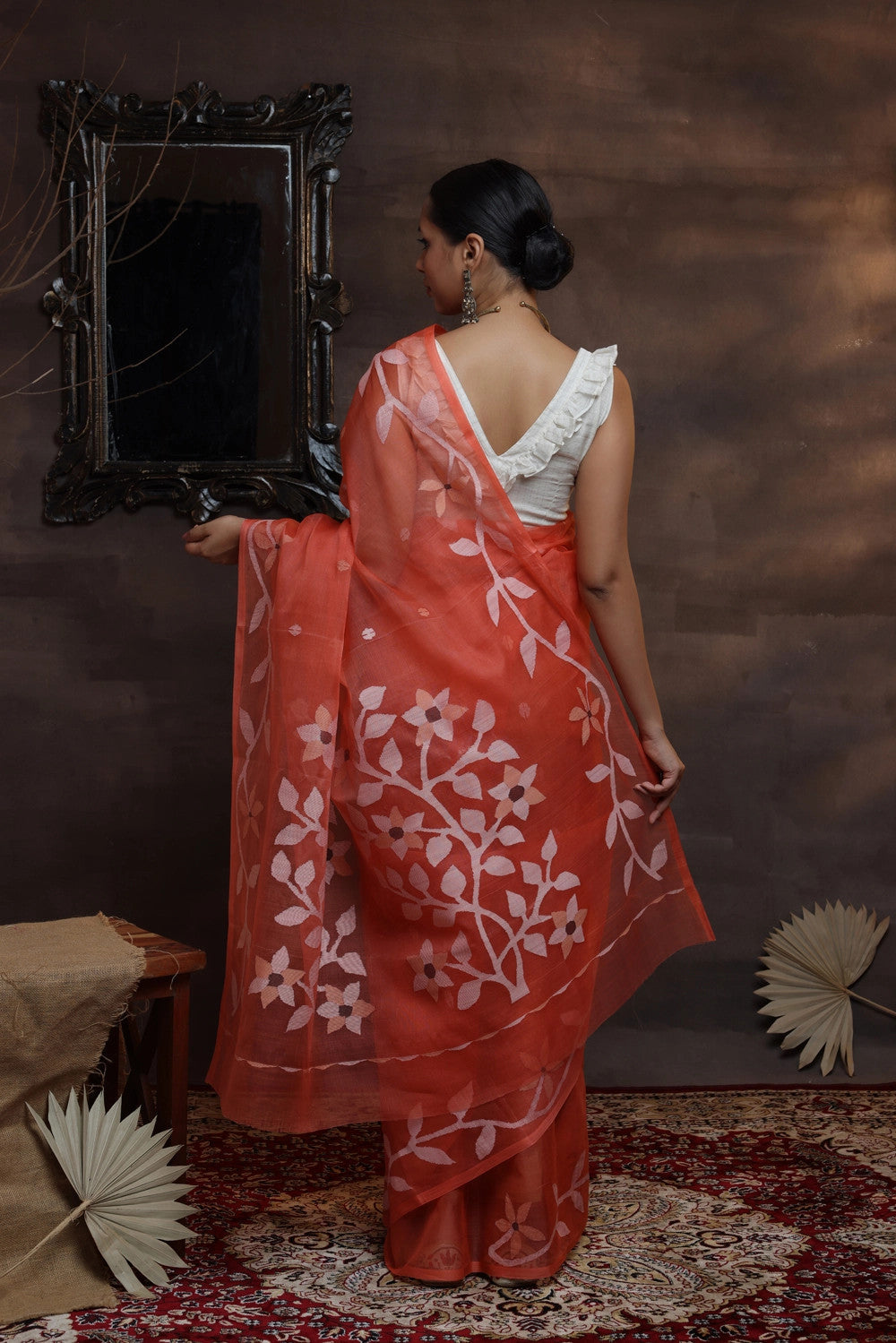 Handloom Jamdani Orange pure Muslin silk saree with woven flowers