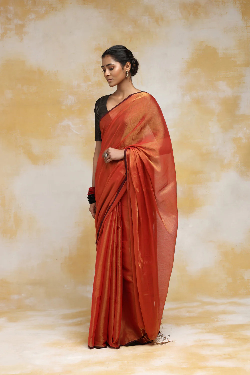 Handloom Orange Cotton Zari Saree