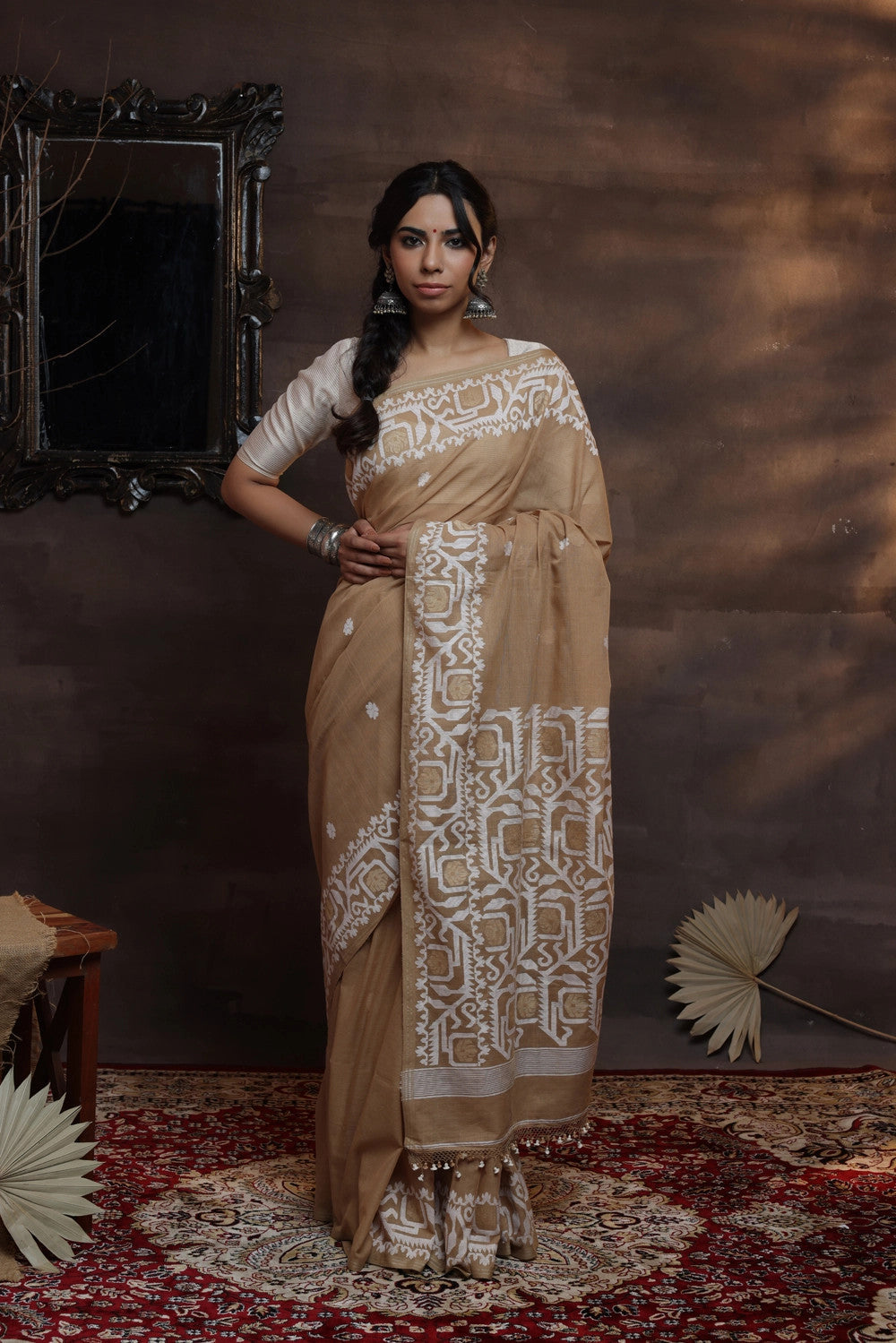 Handloom Khaki Pure Soft Cotton Exclusive Jamdani Saree