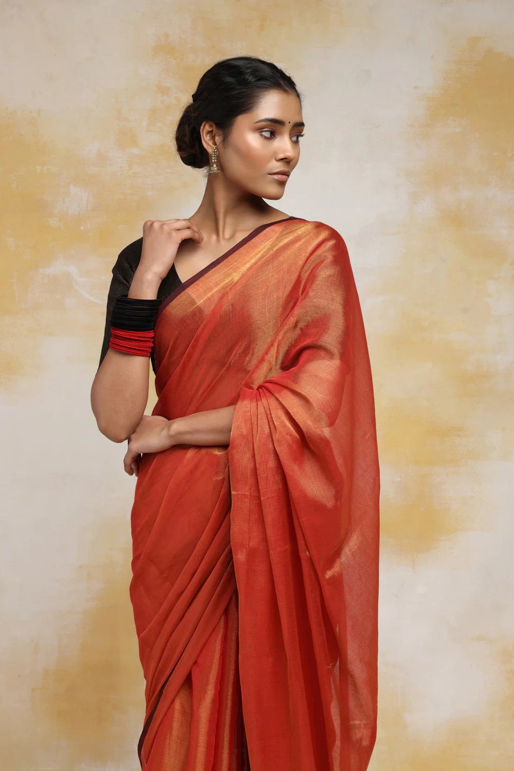 Handloom Orange Cotton Zari Saree