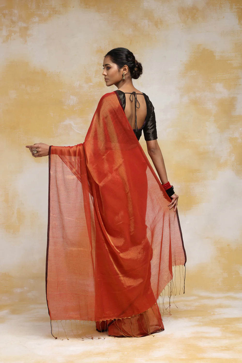 Handloom Orange Cotton Zari Saree