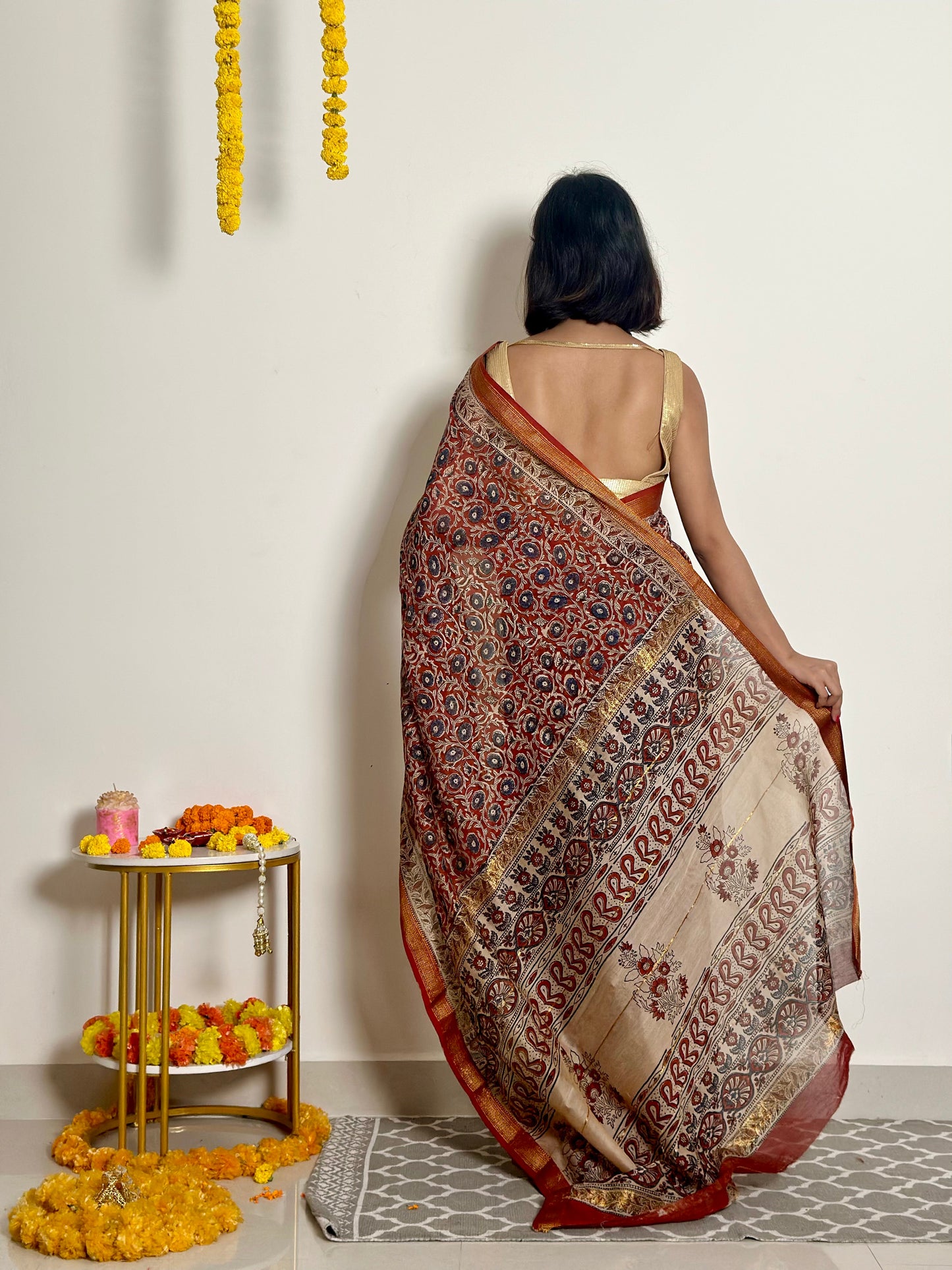 Nutan - Handblock Printed - Maheshwari Silk Saree