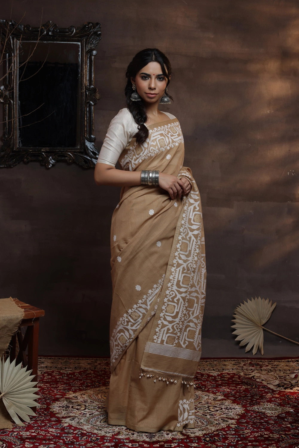 Handloom Khaki Pure Soft Cotton Exclusive Jamdani Saree