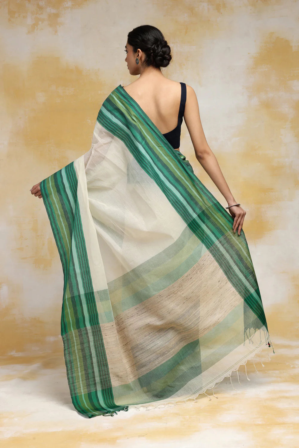 Handloom Cream Cotton Saree With Green Border