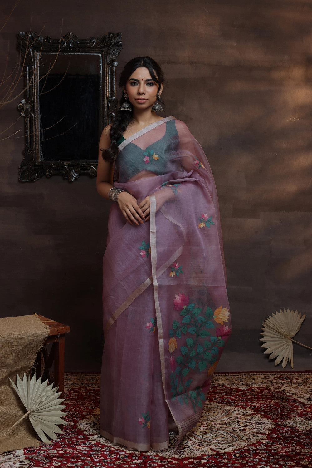 Handloom Jamdani Dark Grey Pure Muslin Silk Saree With Woven Flowers In Multi Colour