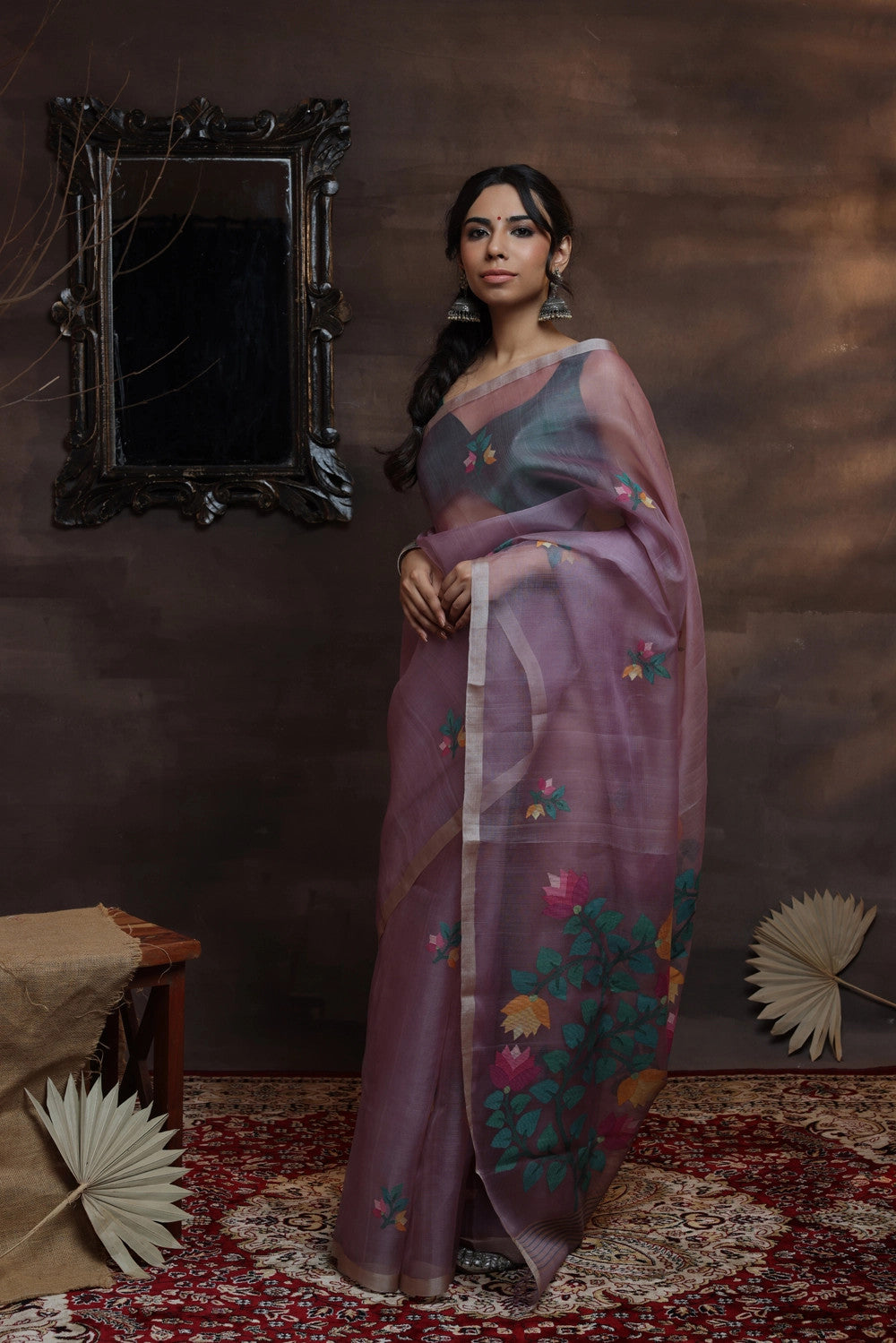 Handloom Jamdani Dark Grey Pure Muslin Silk Saree With Woven Flowers In Multi Colour