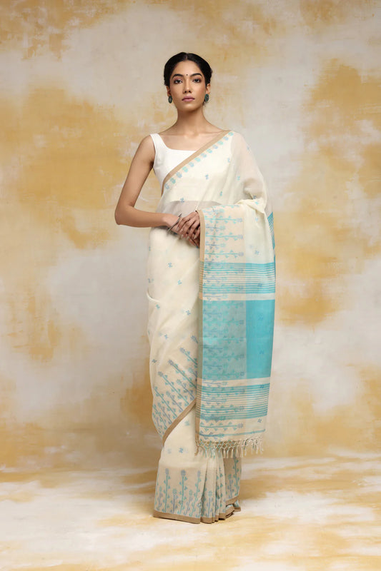 Handloom Off White Pure Cotton Jamdani Saree