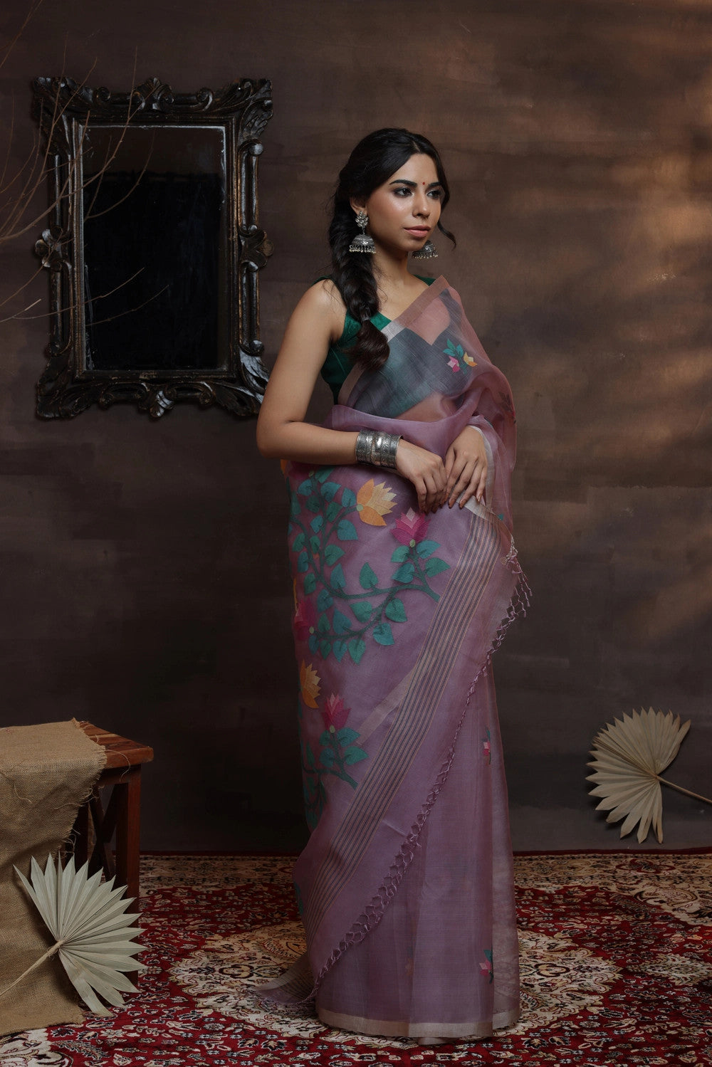 Handloom Jamdani Dark Grey Pure Muslin Silk Saree With Woven Flowers In Multi Colour