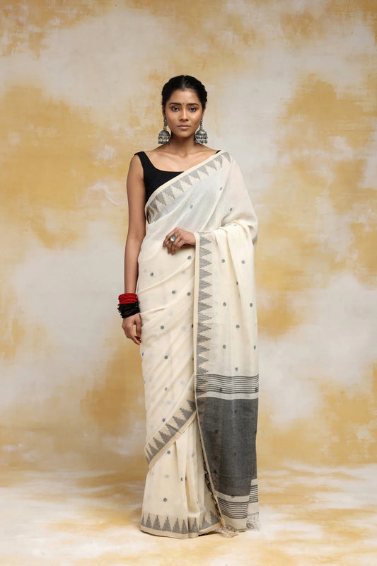 Handloom Off White & Grey Soft Cotton Saree