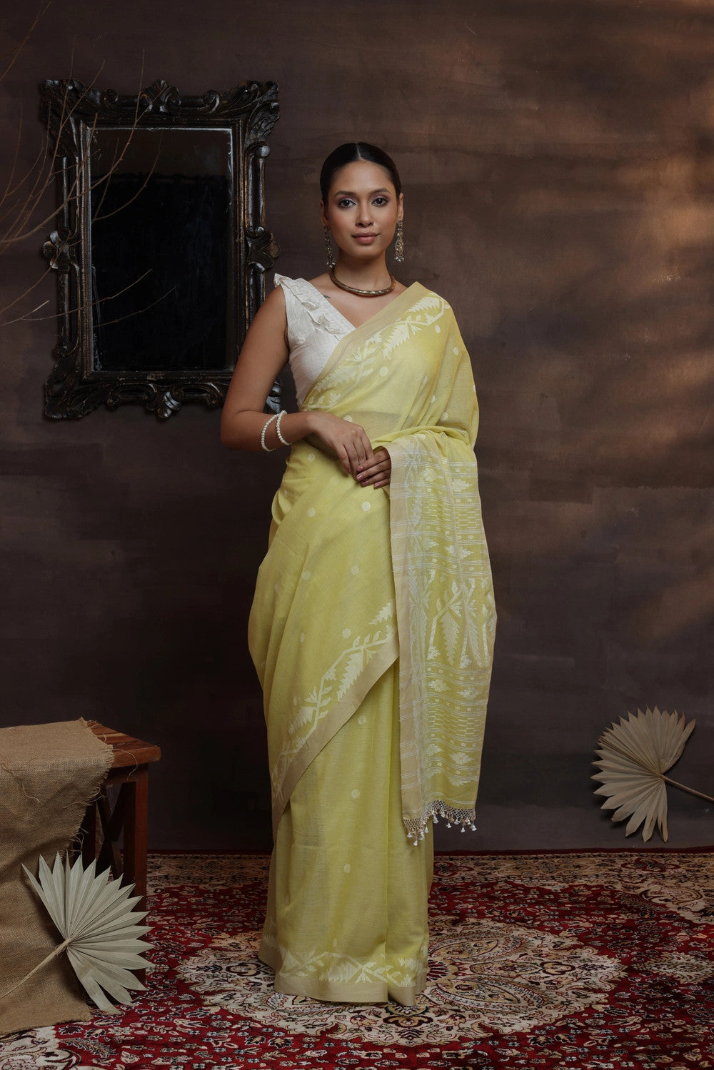 Handloom Lemon Pure Soft Cotton Exclusive Jamdani