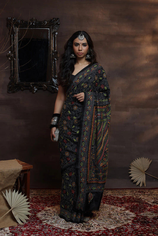 Handloom Black pure silk Kantha Saree with multi colour threads