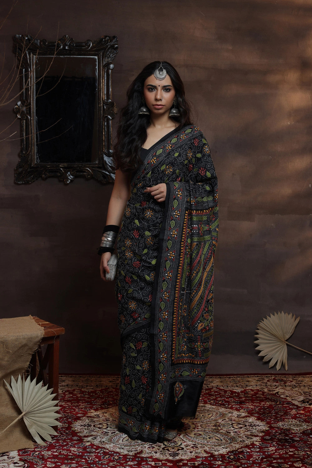 Handloom Black Pure Silk Kantha Saree With Multi Colour Threads