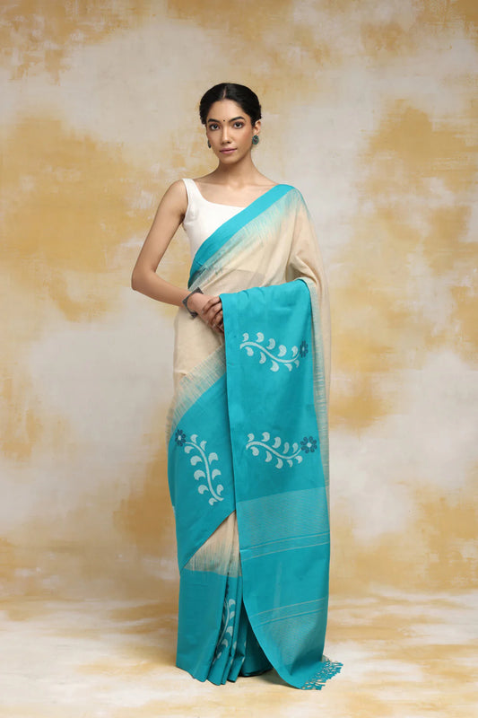 Handloom Beige & Sky Blue Soft Cotton Jamdani Saree