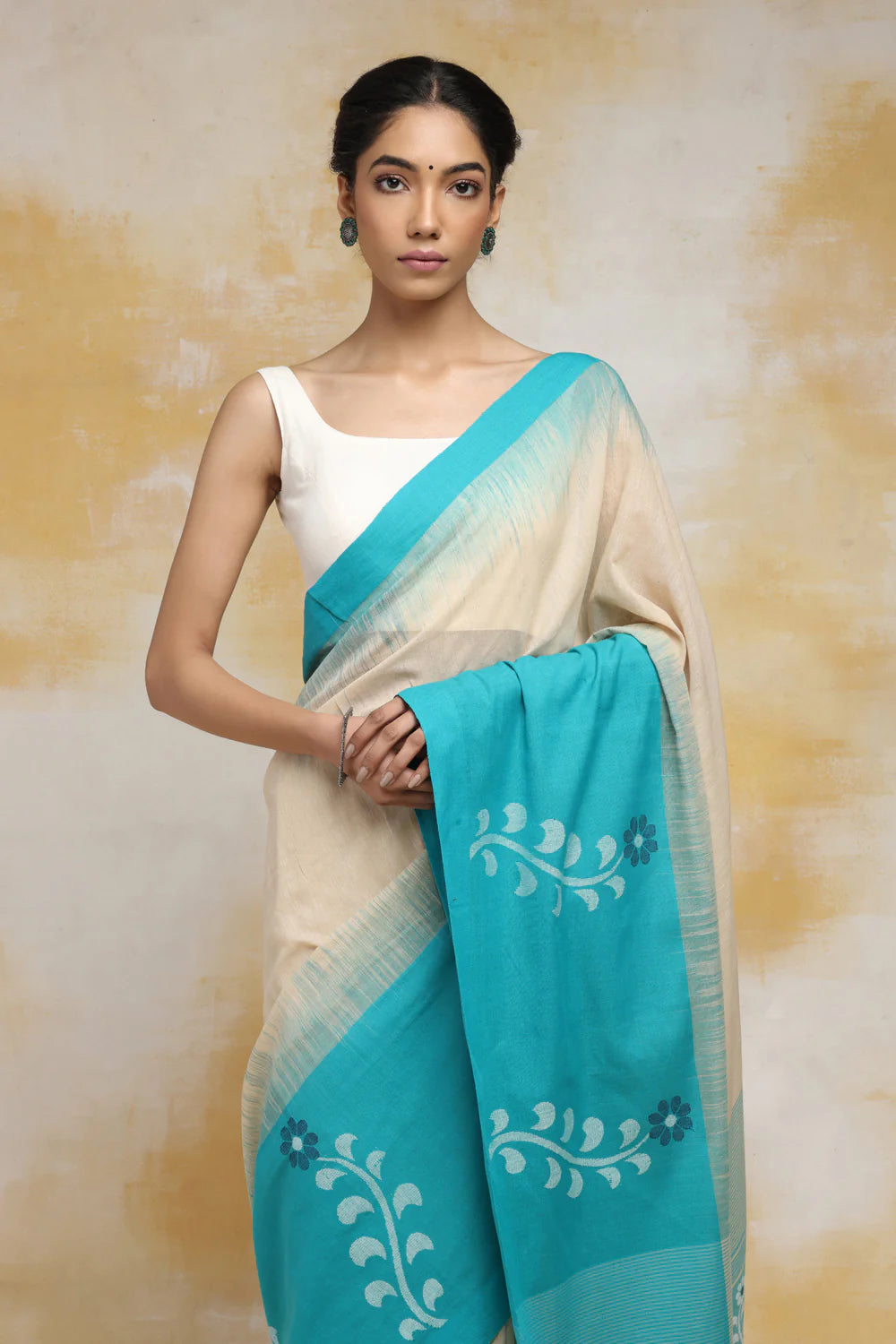 Handloom Beige & Sky Blue Soft Cotton Jamdani Saree