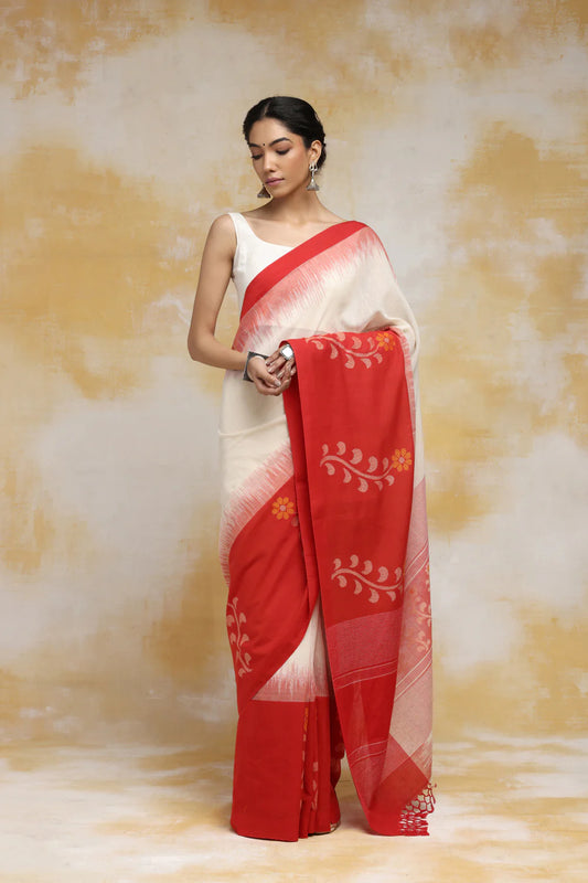 Handloom Off White & Red Soft Cotton Jamdani Saree