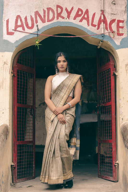 Handloom Beige & Grey Pure Tussar Silk Saree