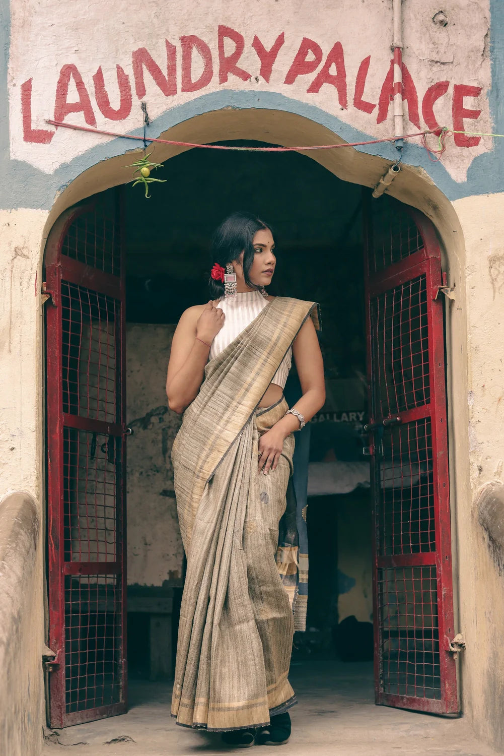 Handloom Beige & Grey Pure Tussar Silk Saree