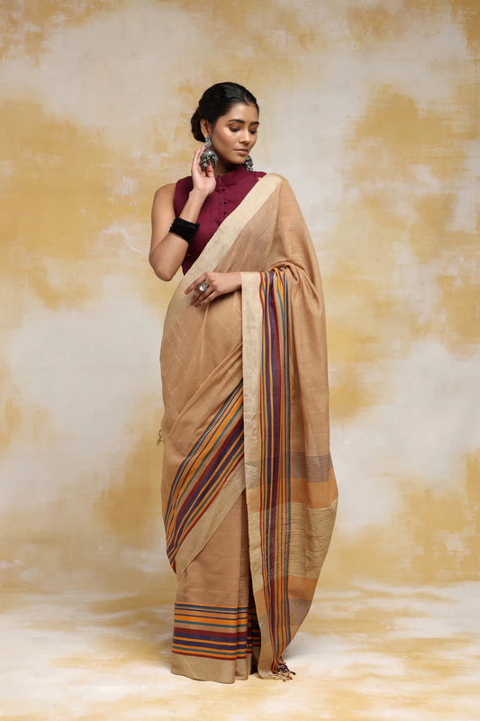 Handloom Camel Brown Soft Cotton Saree With Multi Colour Border