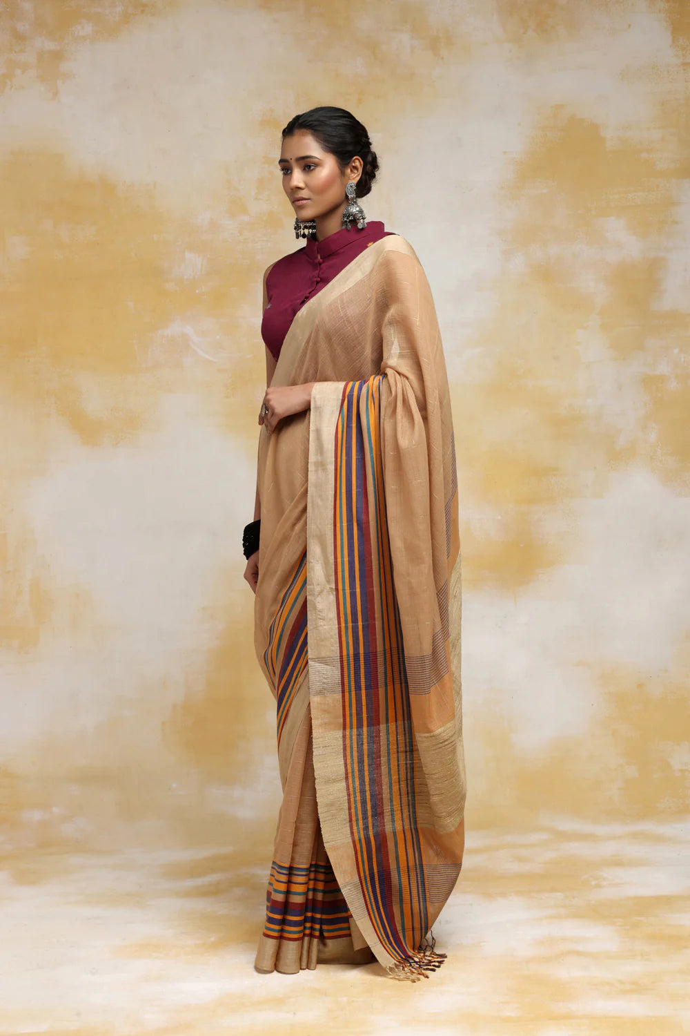 Handloom Camel Brown Soft Cotton Saree With Multi Colour Border