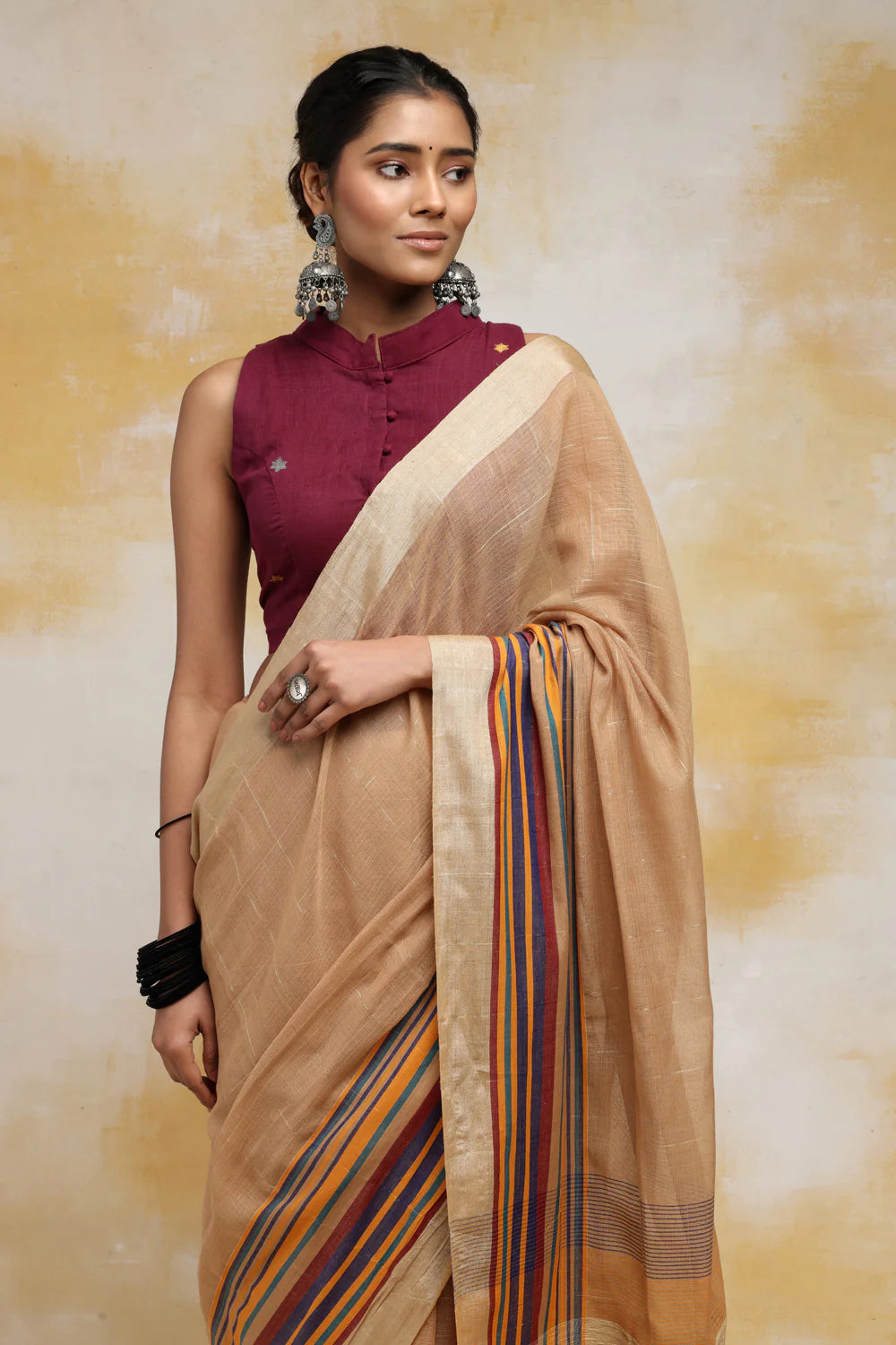 Handloom Camel Brown Soft Cotton Saree With Multi Colour Border