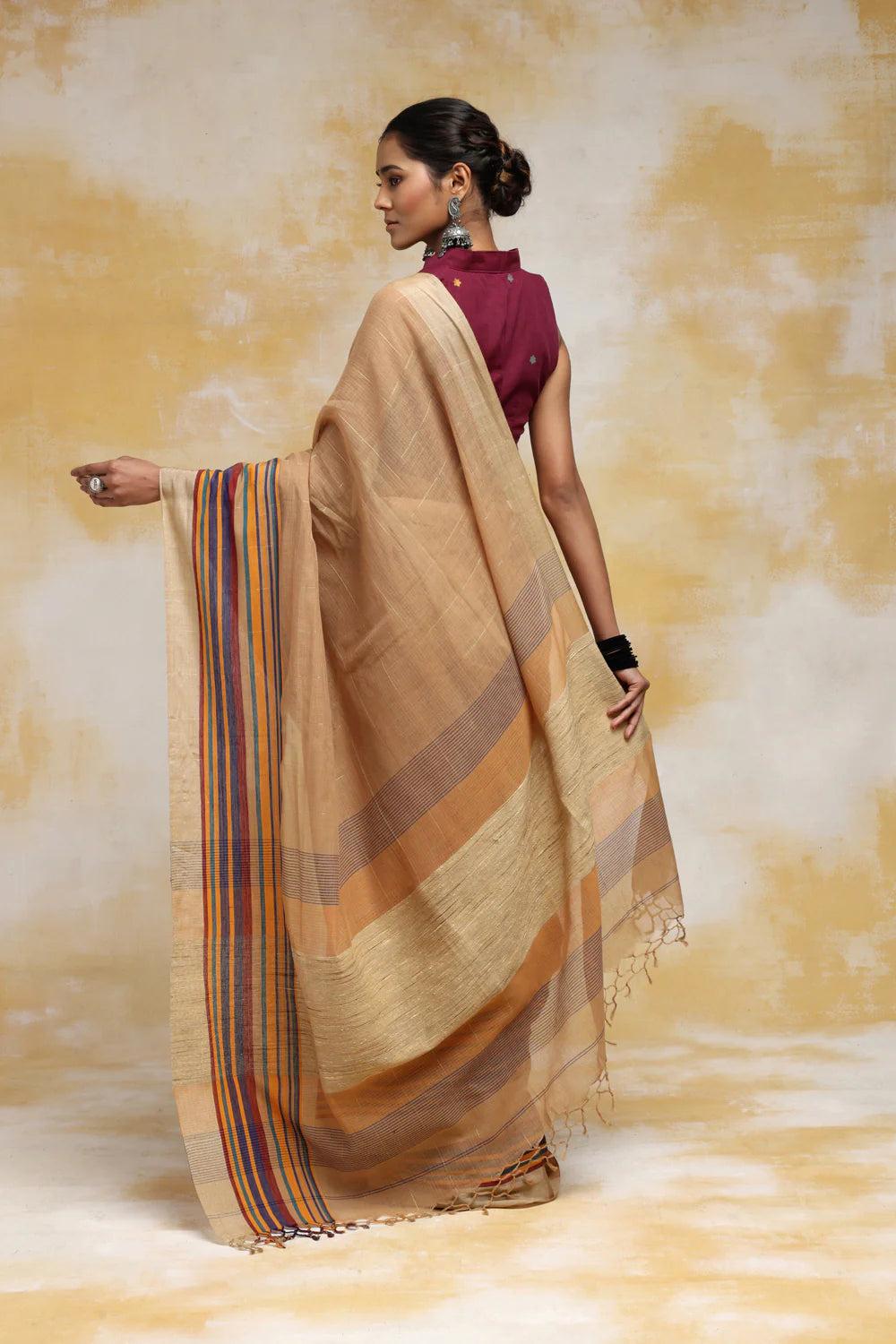 Handloom Camel Brown Soft Cotton Saree With Multi Colour Border