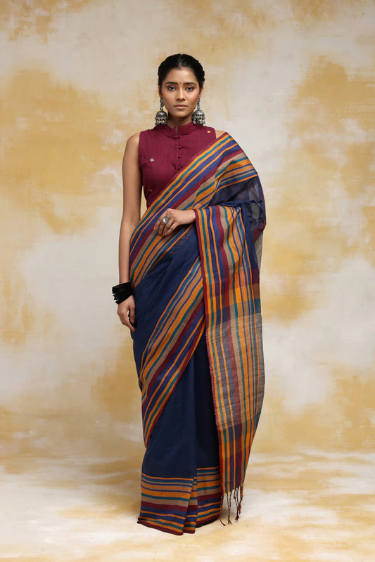 Handloom Navy Blue Pure Cotton Saree With Multi Colour Border