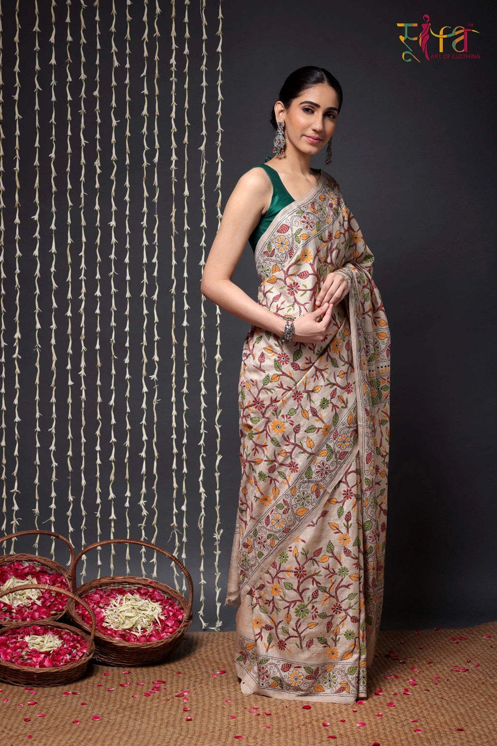 Handloom Beige Pure Tussar Silk Kantha Saree