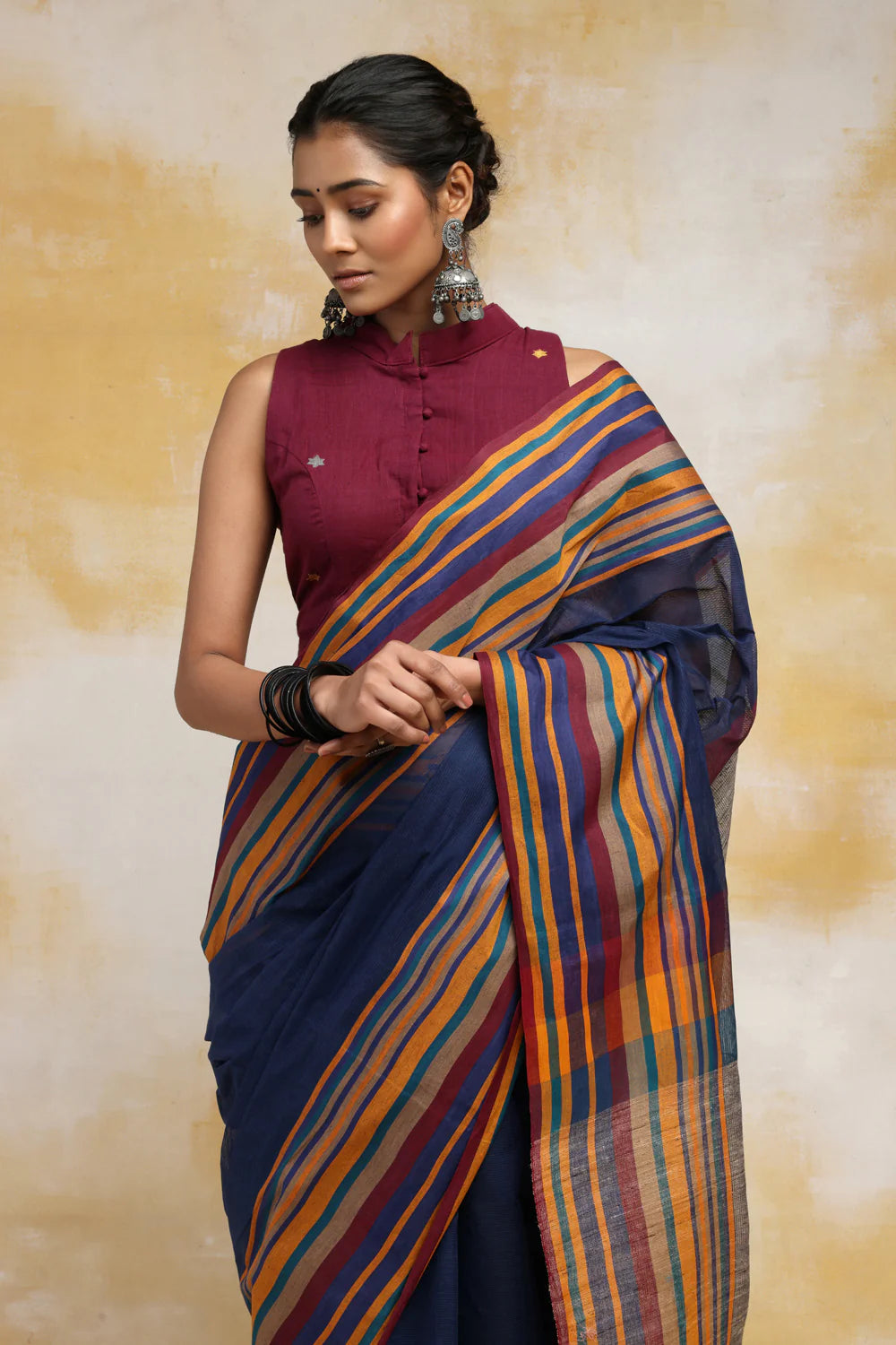 Handloom Navy Blue Pure Cotton Saree With Multi Colour Border