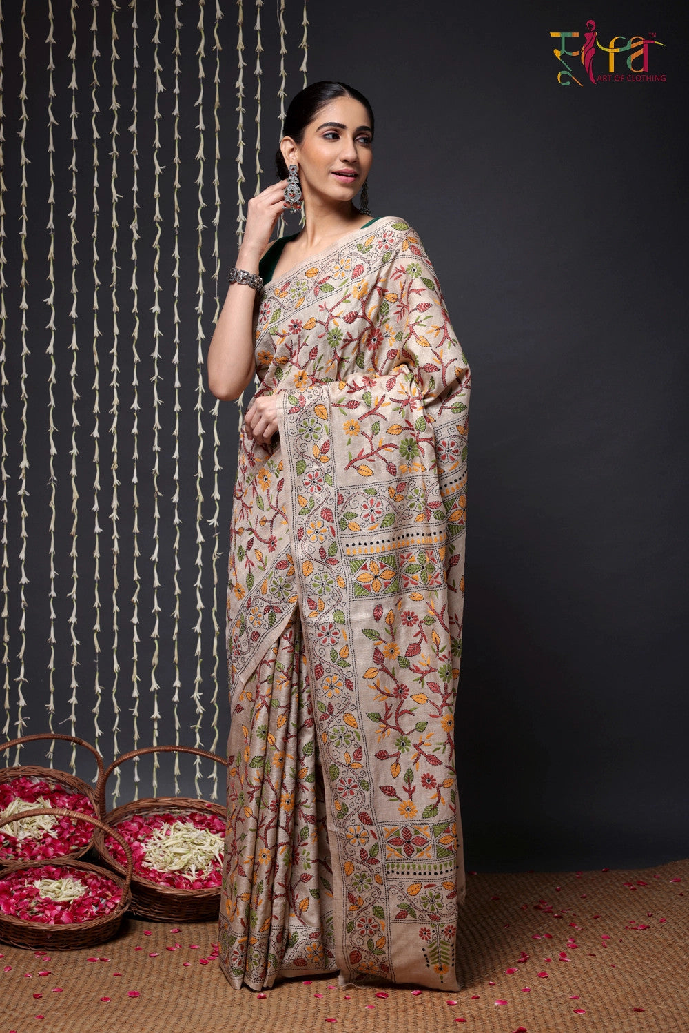 Handloom Beige Pure Tussar Silk Kantha Saree