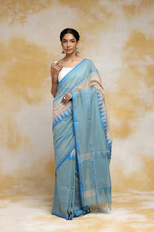 Handloom Beige & Sky Blue Soft Cotton Check Saree