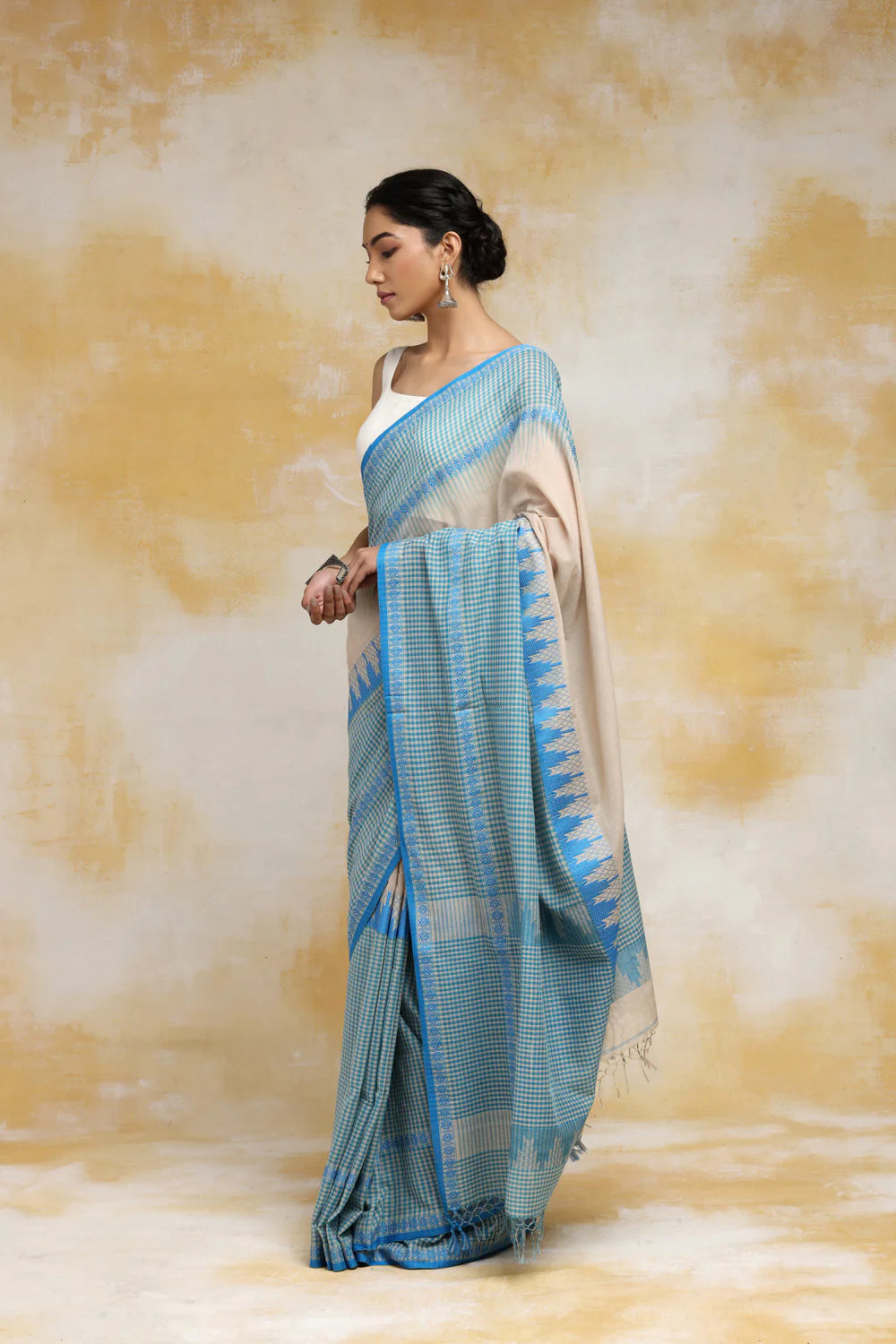 Handloom Beige & Sky Blue Soft Cotton Check Saree