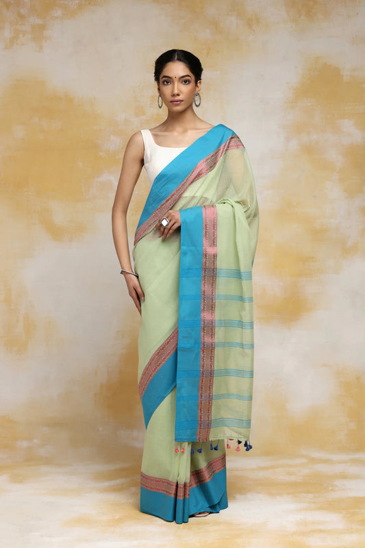 Handloom Pistachio Green Soft Cotton Tangail Saree