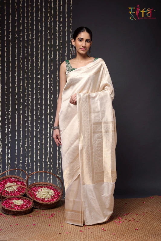 Handloom Cream Pure Silk Tanchoi Saree