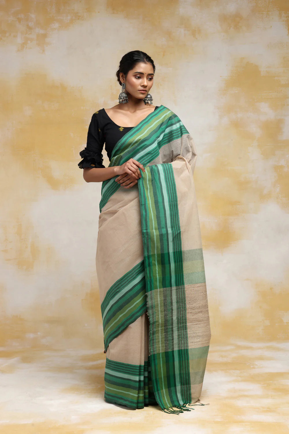 Handloom Beige Pure Cotton Saree With Green Border