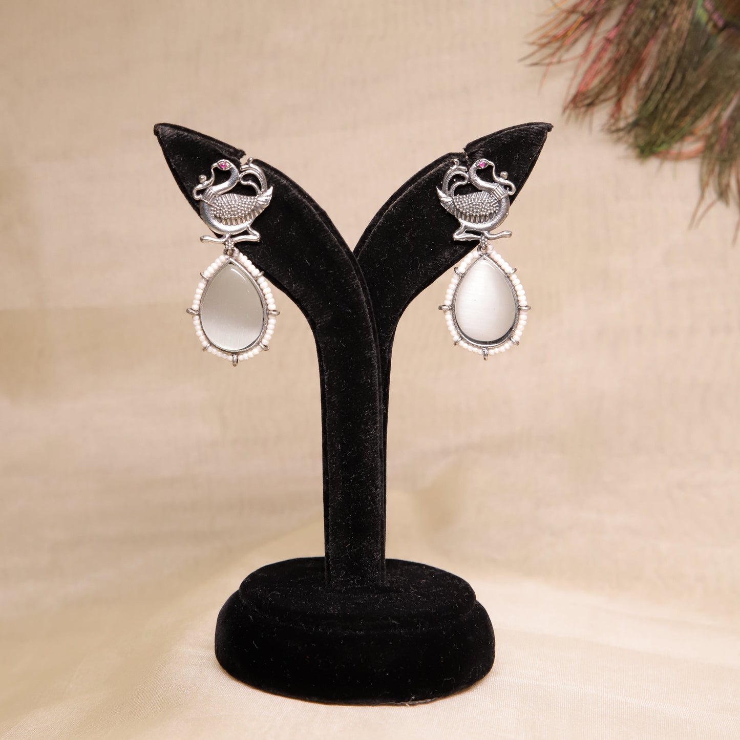 Zevar Club Black  Silver Tribal Wear Based Peacock Motif Drop Earrings