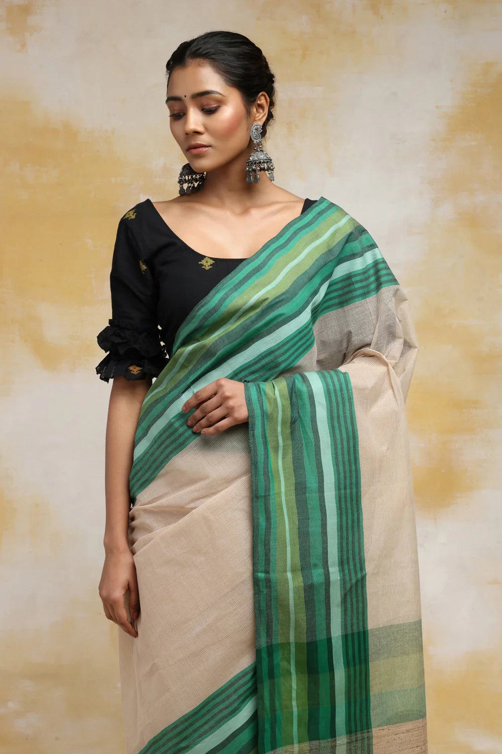 Handloom Beige Pure Cotton Saree With Green Border