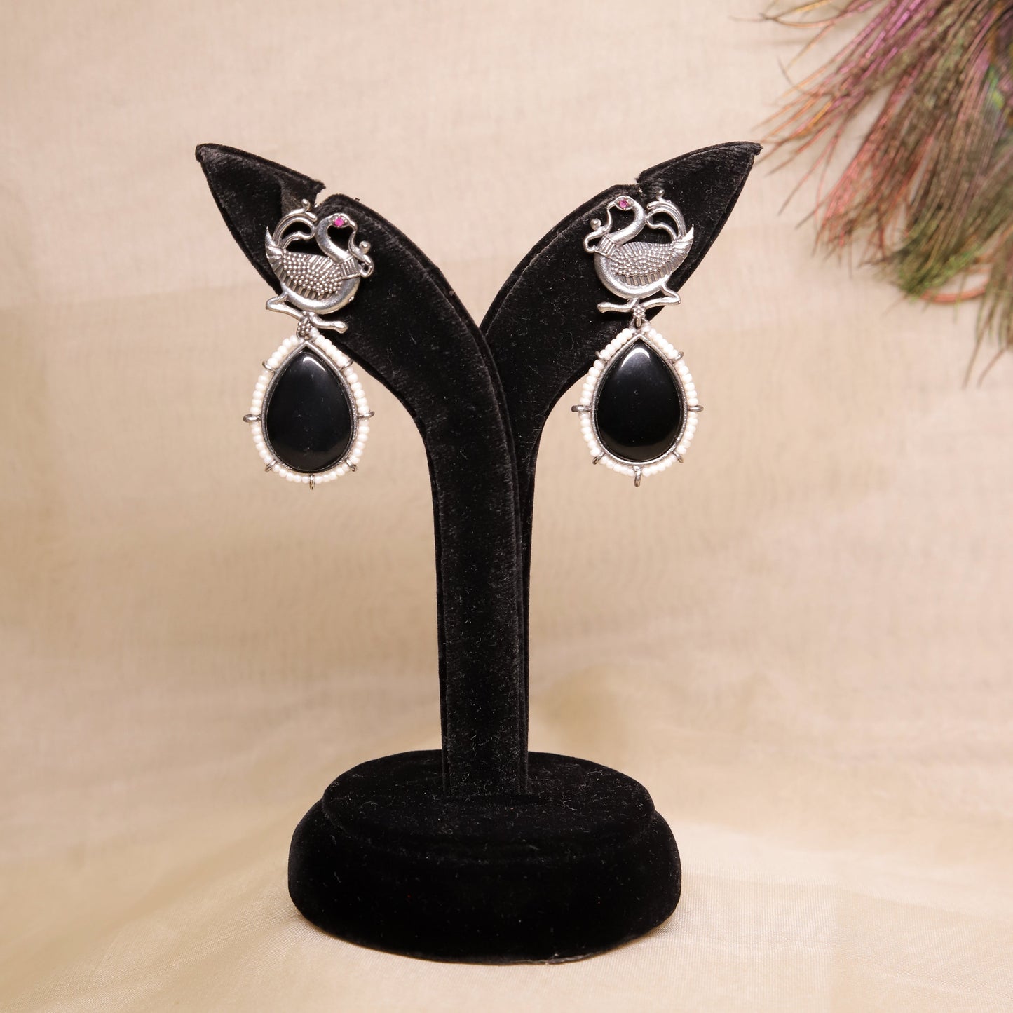 Zevar Club Black  Silver Tribal Wear Based Peacock Motif Drop Earrings