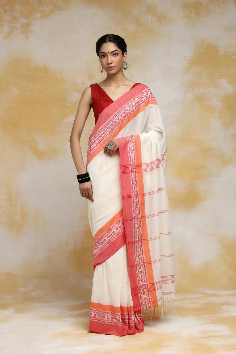 Handloom White & Red Cotton Soft Cotton Saree