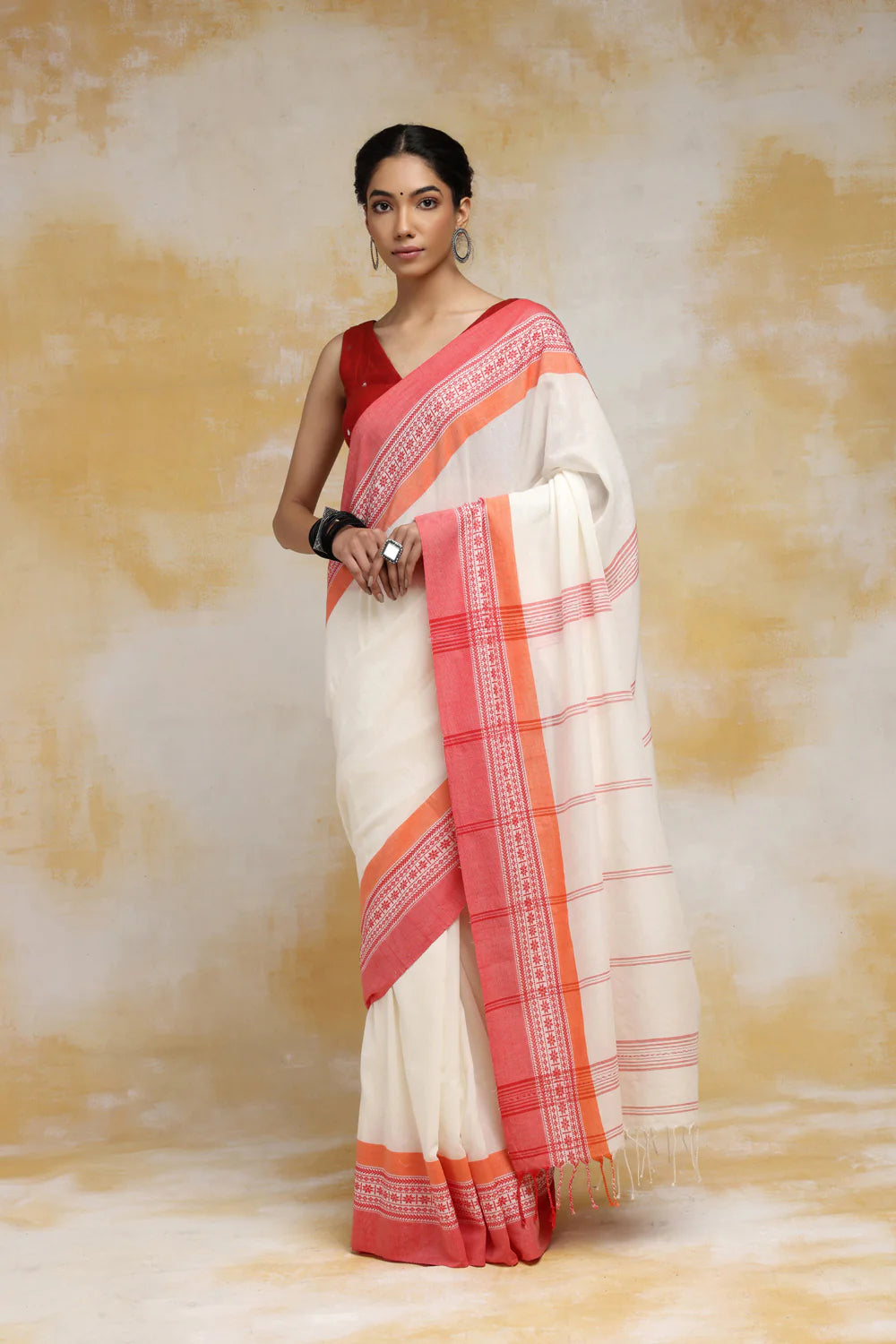 Handloom White & Red Cotton Soft Cotton Saree