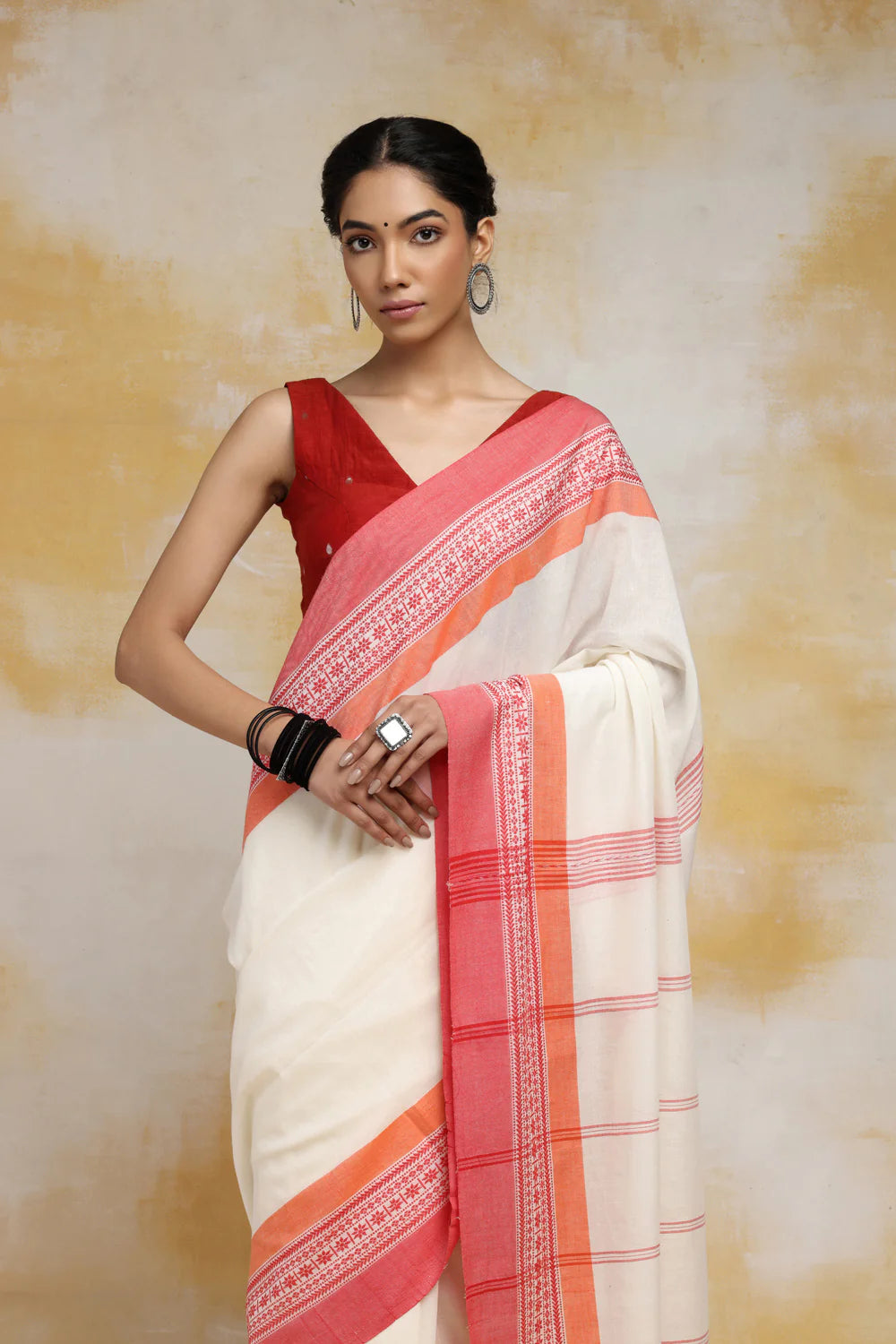 Handloom White & Red Cotton Soft Cotton Saree