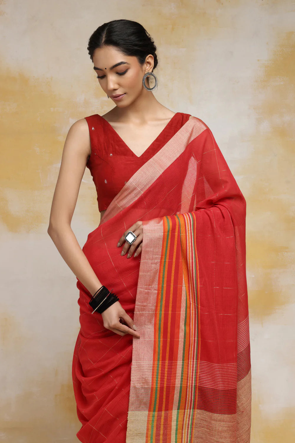 Handloom Red Pure Cotton Saree With Multi Colour Border